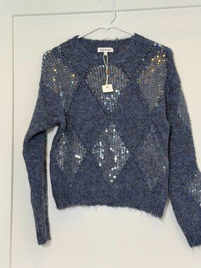 NWT Heartloom Blue Sequin Argyle Knit Sweater Size XS – Sparkle Long Sleeve Pull
